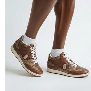 Coach Mens Signature Monogram Leather Low Top Sneakers Brown White Size 11